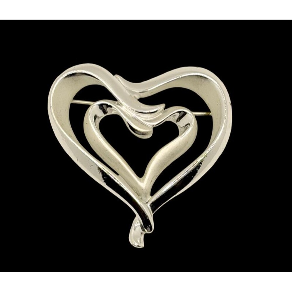 Vintage AJC Double Open Heart Silver Tone Brooch Pin Satin & Shiny